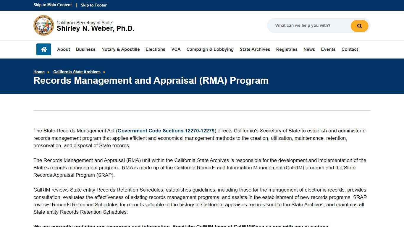 Records Management and Appraisal (RMA) Program - California